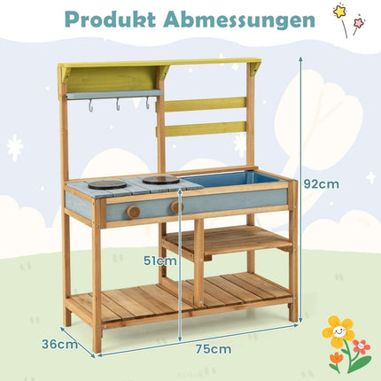 Cuisine de jeu pour enfants en boue, en bois d'épicéa, avec boutons de poêle et amp; Évier naturel