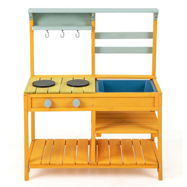 Cuisine de jeu pour enfants en boue, en bois d'épicéa, avec boutons de poêle et amp; Évier jaune