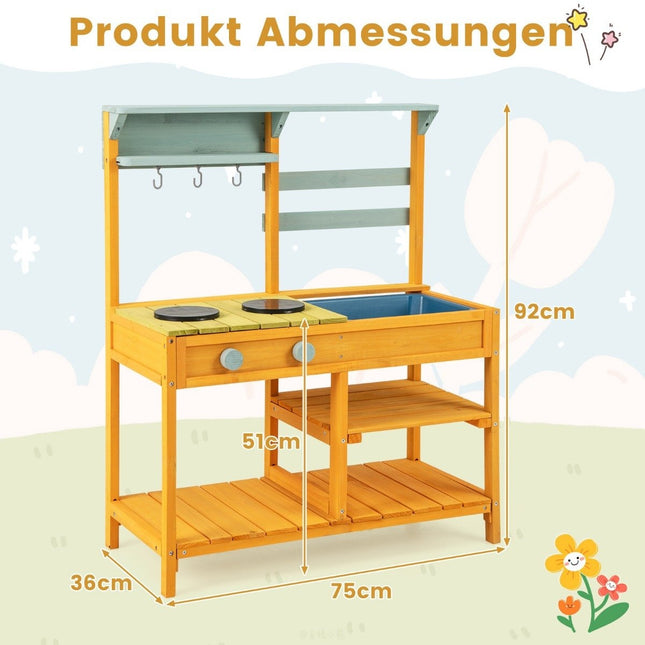 Cuisine de jeu pour enfants en boue, en bois d'épicéa, avec boutons de poêle et amp; Évier jaune