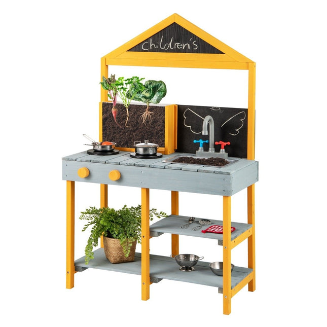 Cuisine en terre cuite pour enfants, cuisine extérieure pour enfants en bois de sapin avec jardinière, 2 tableaux noirs et un robinet bleu.
