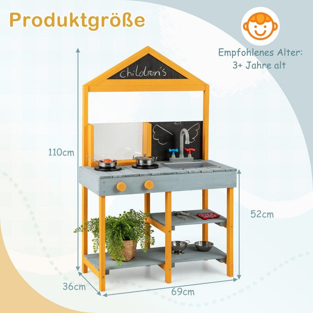 Cuisine en terre cuite pour enfants, cuisine extérieure pour enfants en bois de sapin avec jardinière, 2 tableaux noirs et un robinet bleu.