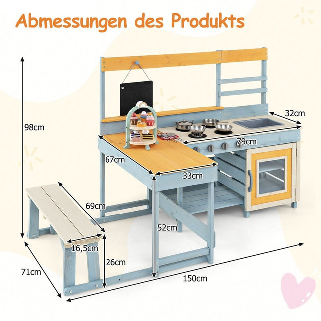 Cuisine en terre cuite avec table de pique-nique et banc Cuisine pour enfants Bois de sapin avec accessoires à dessert Ustensiles de cuisine Gris