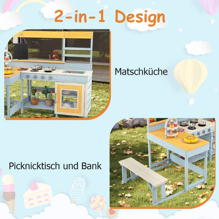 Cuisine en terre cuite avec table de pique-nique et banc Cuisine pour enfants Bois de sapin avec accessoires à dessert Ustensiles de cuisine Gris