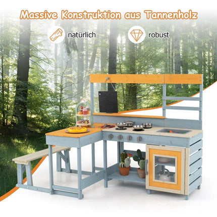 Cuisine en terre cuite avec table de pique-nique et banc Cuisine pour enfants Bois de sapin avec accessoires à dessert Ustensiles de cuisine Gris