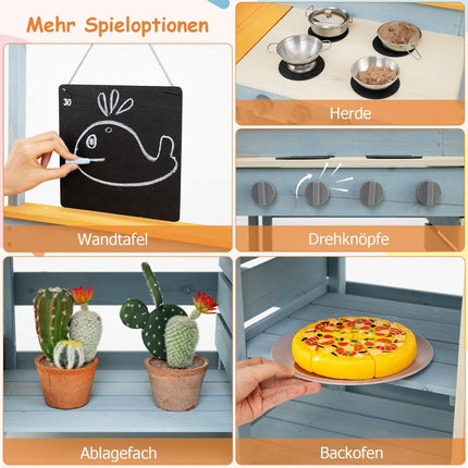 Cuisine en terre cuite avec table de pique-nique et banc Cuisine pour enfants Bois de sapin avec accessoires à dessert Ustensiles de cuisine Gris