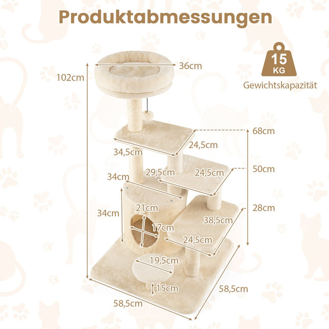 Mehrstufiger Katzenkratzbaum mit Höhle, Sisalstämmen, 102cm