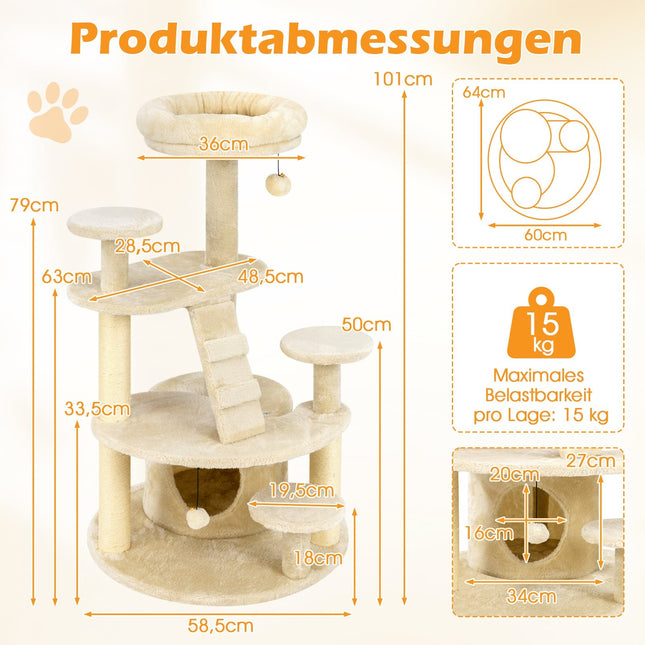 Mehrstufiger Katzenbaum mit Höhle und Kratzpfosten, Beige