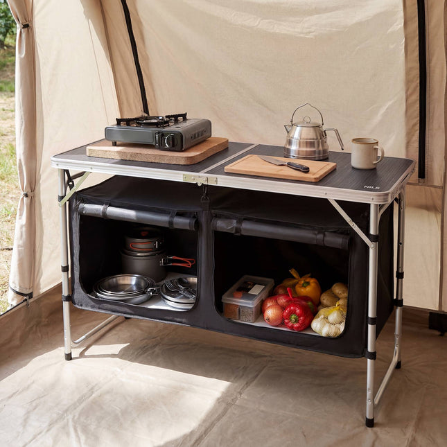 Table de camping multifonctionnelle à hauteur réglable