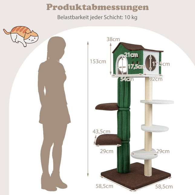 Kratzbaum mehrstöckig, stabiler Katzenkratzbaum mit sisalbezogenen Kratzstämmen &amp; 5 Plüschplattformen, Katzenmöbel 153cm