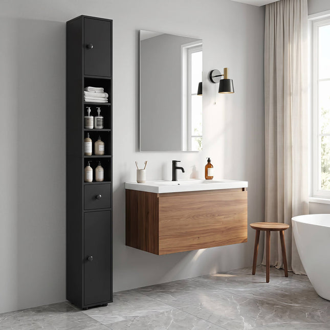 Schmaler Badezimmerschrank, 180 cm hoch, Schwarz