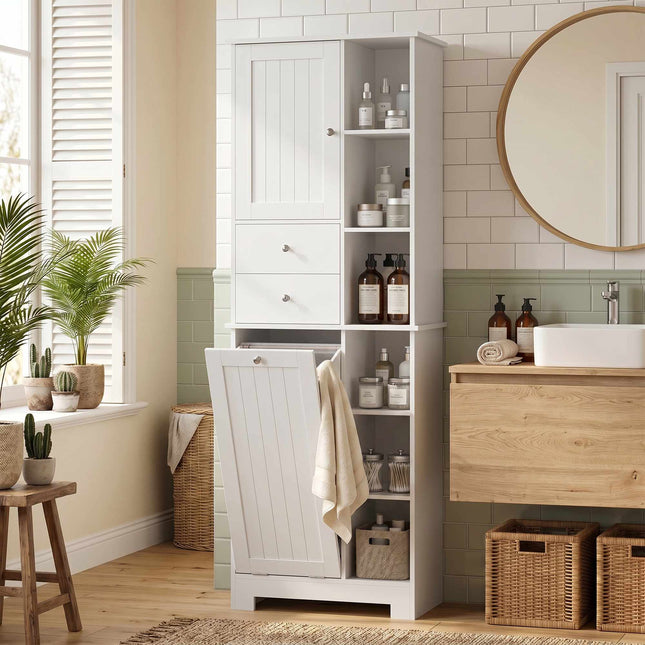 Schmaler Badezimmerschrank mit Wäschesammler, 2 Schubladen, Weiß