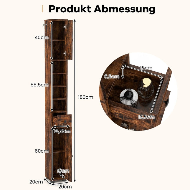 Schmaler Badezimmerschrank mit verstellbaren Einlegeböden, Schublade