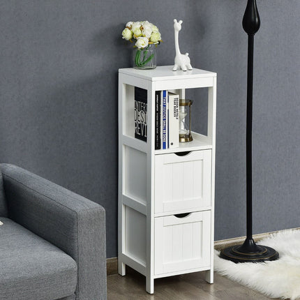 Meuble de rangement étroit pour salle de bain, 2 tiroirs, étagère ouverte, blanc