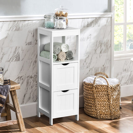 Meuble de rangement étroit pour salle de bain, 2 tiroirs, étagère ouverte, blanc