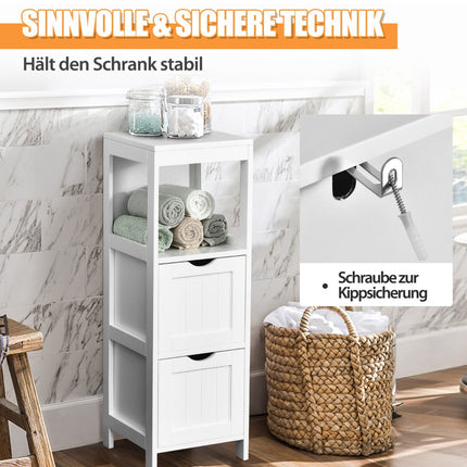 Meuble de rangement étroit pour salle de bain, 2 tiroirs, étagère ouverte, blanc