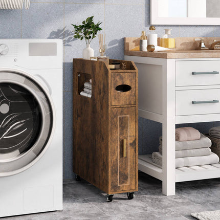 Schmaler brauner Badezimmerschrank mit Schublade und Taschentuchbox