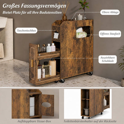 Schmaler brauner Badezimmerschrank mit Schublade und Taschentuchbox
