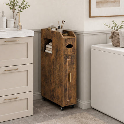 Schmaler brauner Badezimmerschrank mit Schublade und Taschentuchbox