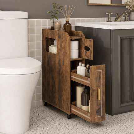 Schmaler brauner Badezimmerschrank mit Schublade und Taschentuchbox