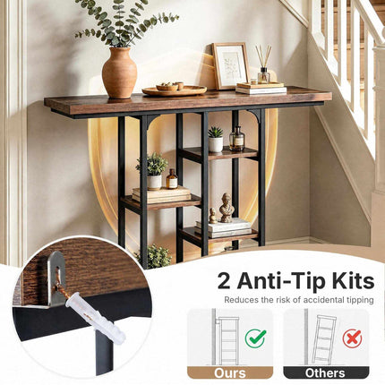 Narrow Console Table 109 cm with 4 Open Storage Shelves, Rustic Brown & Black