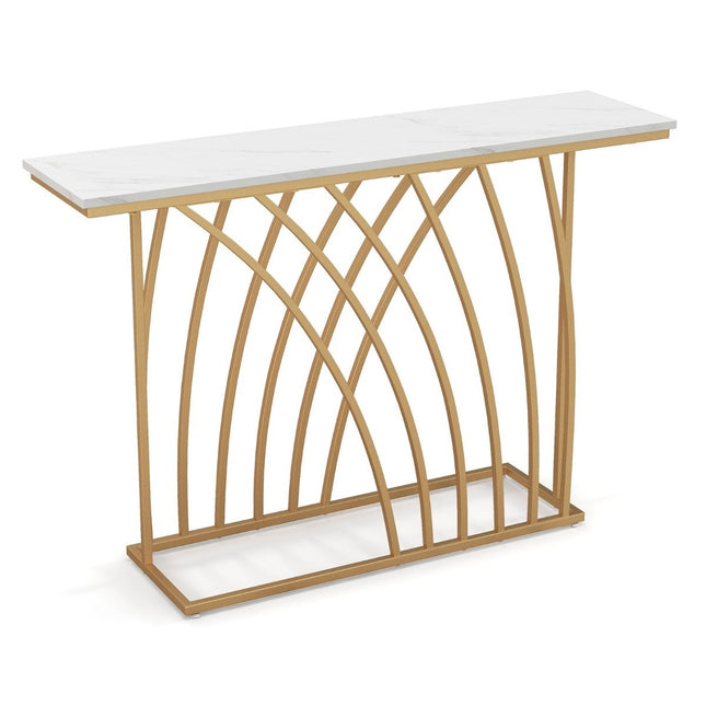 Console étroite, plateau en faux marbre, cadre en métal doré