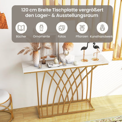 Console étroite, plateau en faux marbre, cadre en métal doré