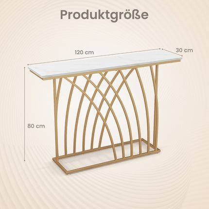 Console étroite, plateau en faux marbre, cadre en métal doré