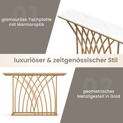 Console étroite, plateau en faux marbre, cadre en métal doré