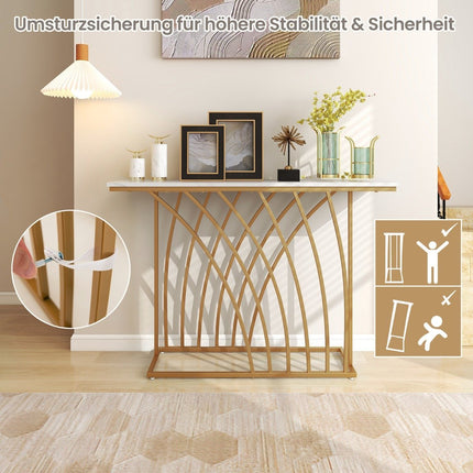 Console étroite, plateau en faux marbre, cadre en métal doré