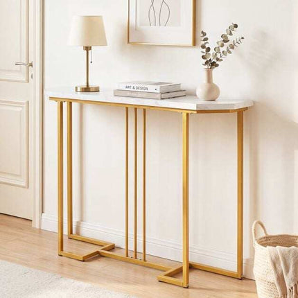 Schmaler Konsolentisch, weiße Marmorplatte, goldener geometrischer Rahmen