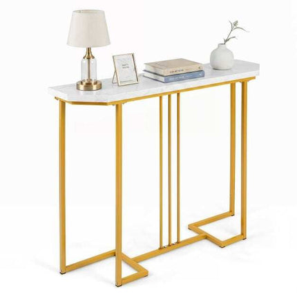 Schmaler Konsolentisch, weiße Marmorplatte, goldener geometrischer Rahmen
