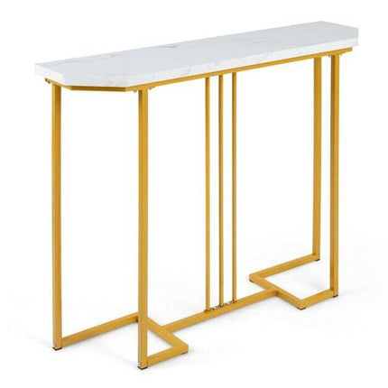 Schmaler Konsolentisch, weiße Marmorplatte, goldener geometrischer Rahmen