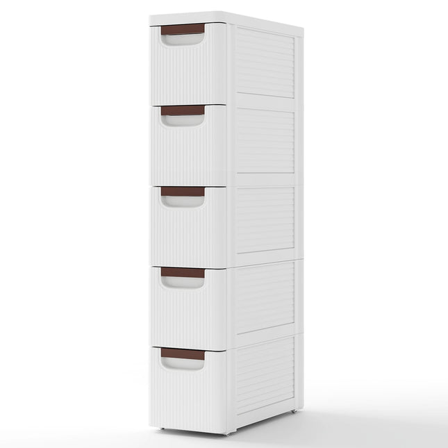 Chariot de rangement étroit à roulettes, 5 tiroirs, 20 cm de large, blanc