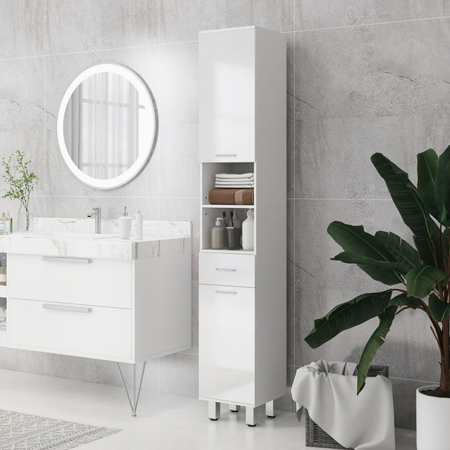 Hoher weißer Badezimmerschrank mit verstellbarem Regal und Schubladen