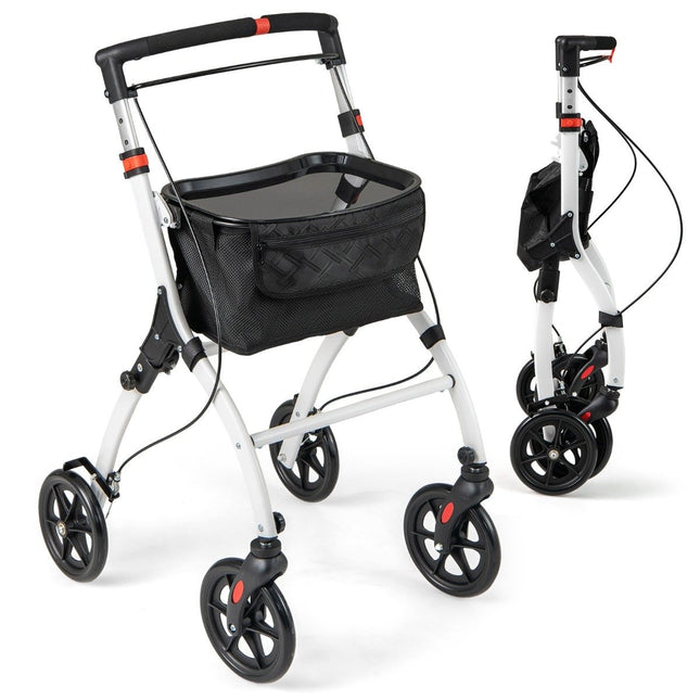 Déambulateur étroit avec réglage de la hauteur en 5 directions, plateau, 4 roues et freins, aide à la marche
