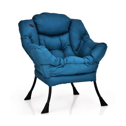 Fauteuil relax en polyester bleu marine avec structure en acier et poche latérale