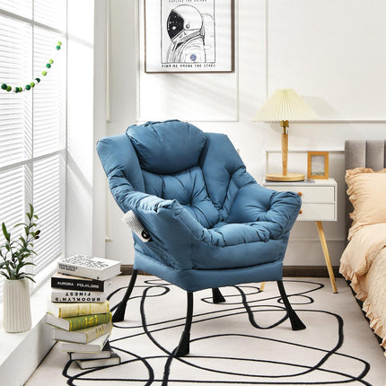 Fauteuil relax en polyester bleu marine avec structure en acier et poche latérale