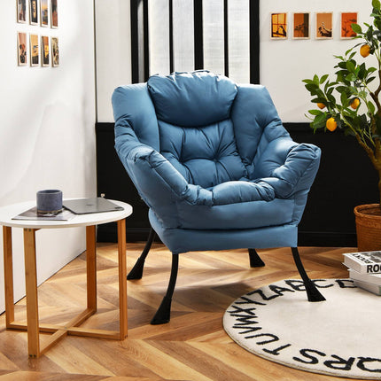 Fauteuil relax en polyester bleu marine avec structure en acier et poche latérale