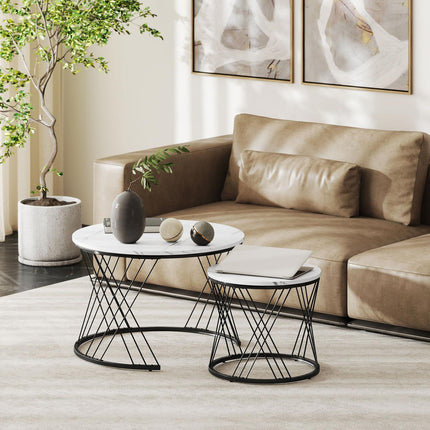 Verschachtelbarer Couchtisch-Set, Marmor-Optik, Weiß, 2-teilig