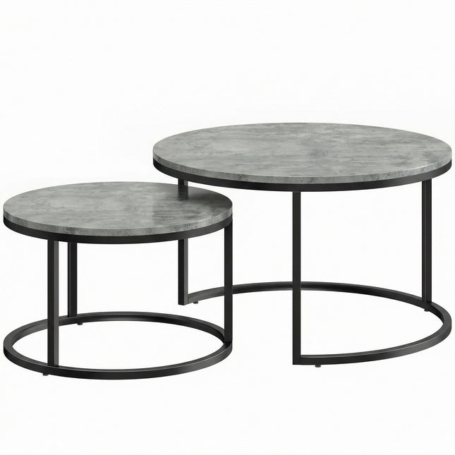 Ensemble de tables basses gigognes, aspect ciment, structure en métal