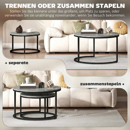 Ensemble de tables basses gigognes, aspect ciment, structure en métal
