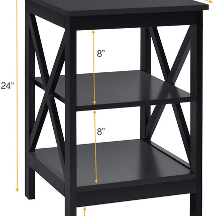 Nachttisch, 3-stöckiger Beistelltisch mit X-Gestell aus MDF, Schwarz