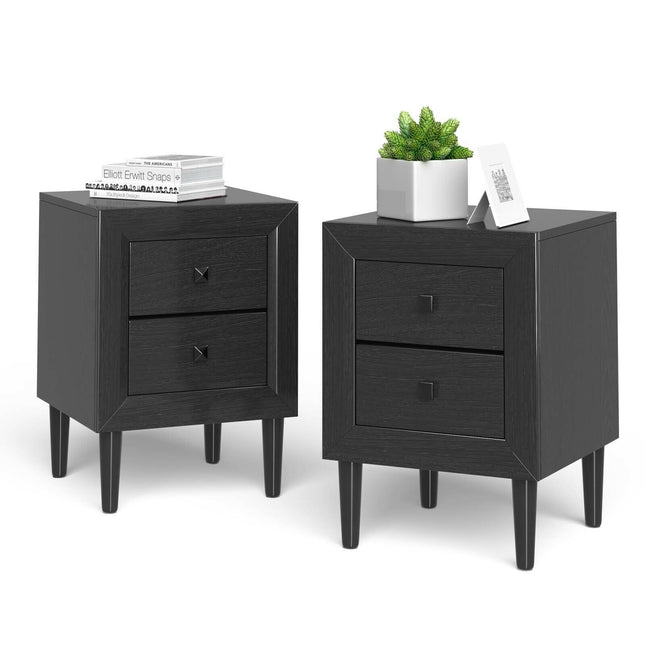 Ensemble de 2 tables de chevet, 2 tiroirs, pieds en bois d'hévéa, noires