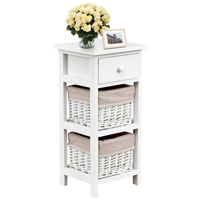 Table de chevet en bois blanc, 2 tiroirs en rotin, 1 tiroir