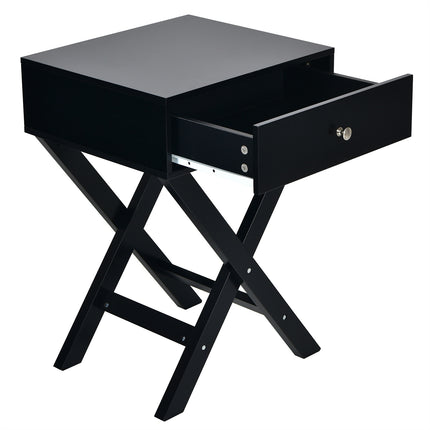 Table de chevet avec tiroir, structure en MDF en forme de X, noire