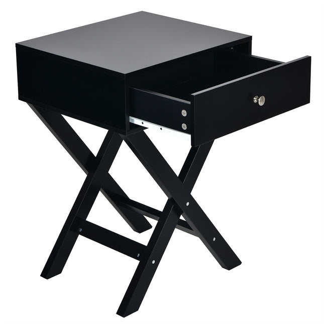 Table de chevet avec tiroir, structure en MDF en forme de X, noire