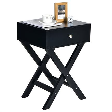 Table de chevet avec tiroir, structure en MDF en forme de X, noire