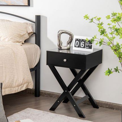 Table de chevet avec tiroir, structure en MDF en forme de X, noire