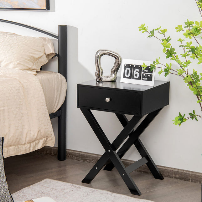 Table de chevet avec tiroir, structure en MDF en forme de X, noire