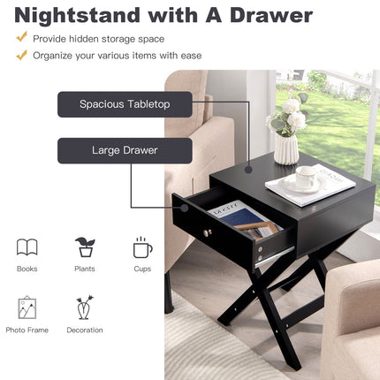 Table de chevet avec tiroir, structure en MDF en forme de X, noire